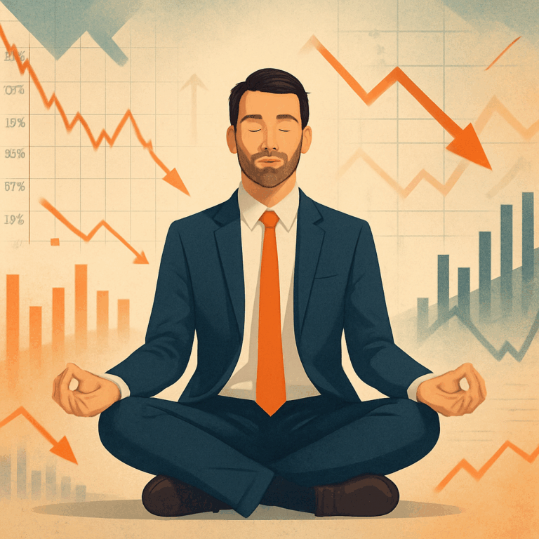 Patience - an image of a guy in meditation pose with chaotic investment charts around him