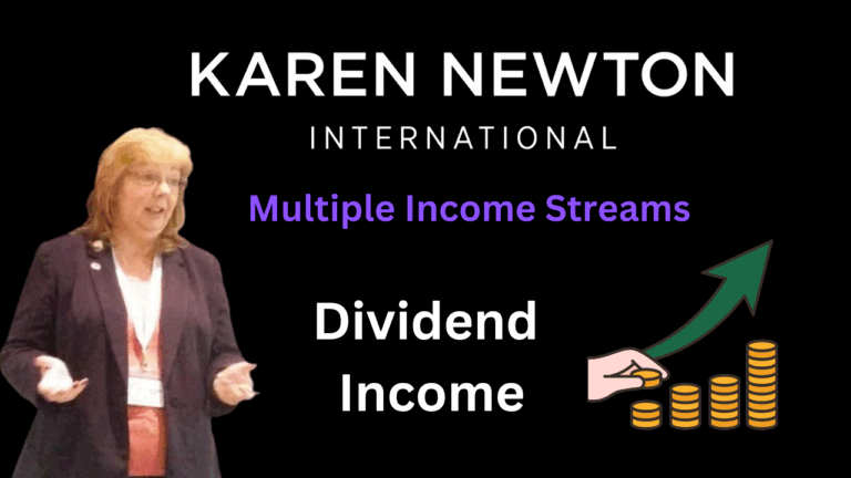 Karen Newton is talking and alongside her is Dividend and Compounding chart representing growth
