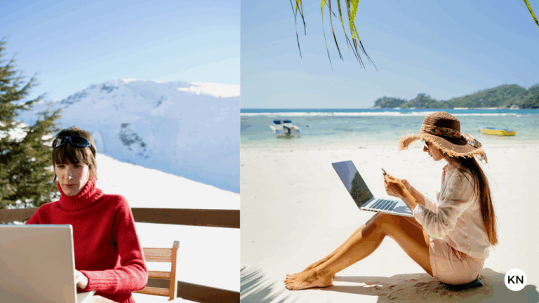 Affiliate Marketing split image of a woman working on laptop in the snow and another at the beach