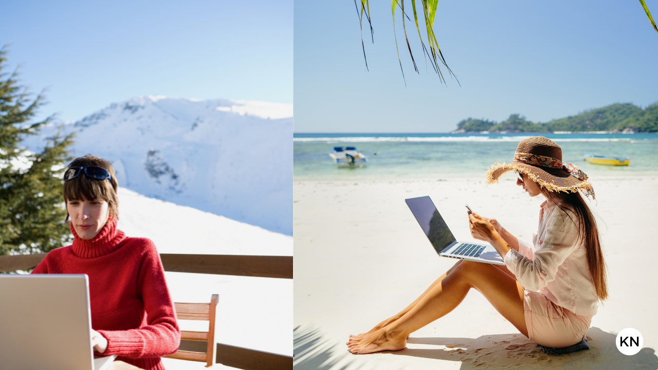 Affiliate Marketing split image of a woman working on laptop in the snow and another at the beach