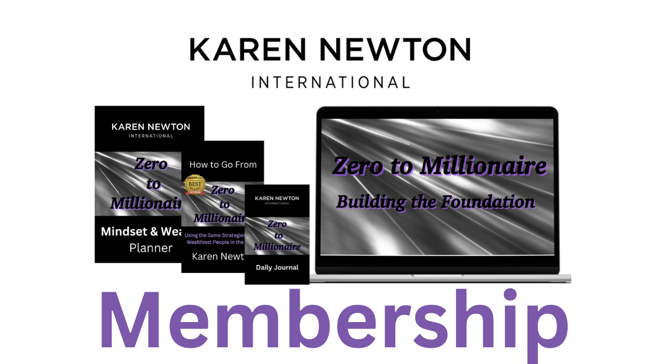Zero to Millionaire Membership with Karen Newton International Logo and mock images of computer and books
