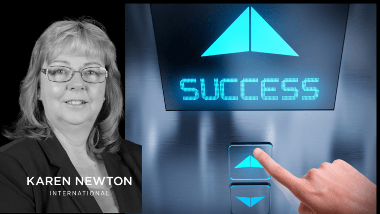 An image of Karen Newton and a hand pushing an elevator button to success