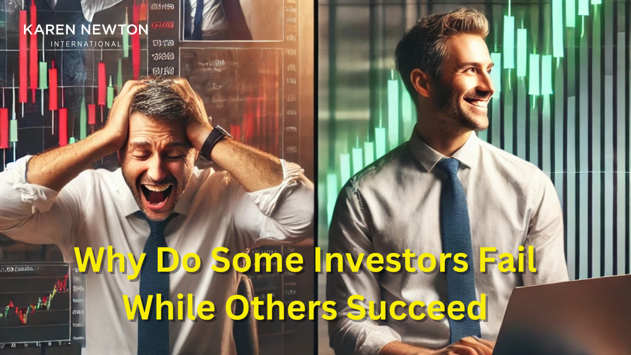 Split screen showing one person screaming in frustration and the other happy with their investing