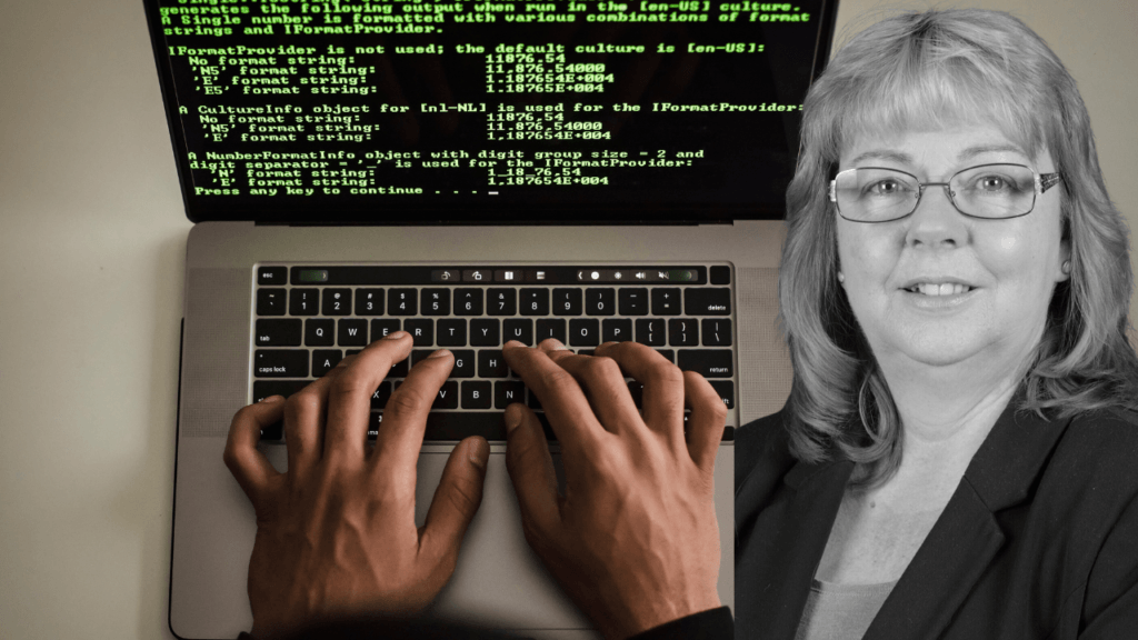 image of a computer just showing hands typing and an overlaid image of Karen Newton
