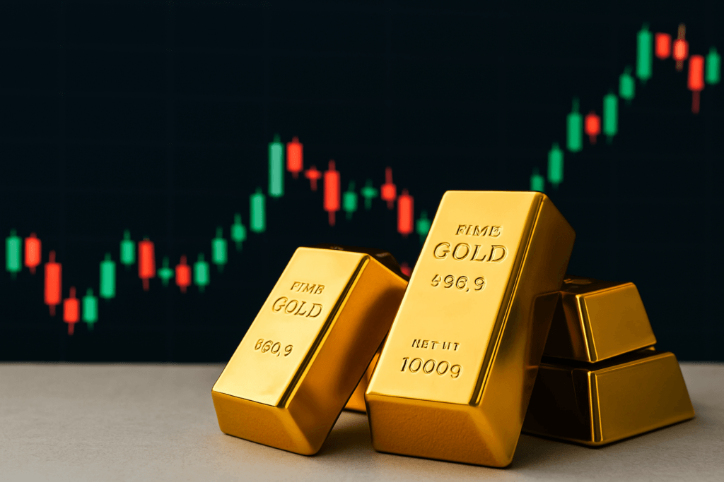 image of gold bars with a trading chart in the background show price movement