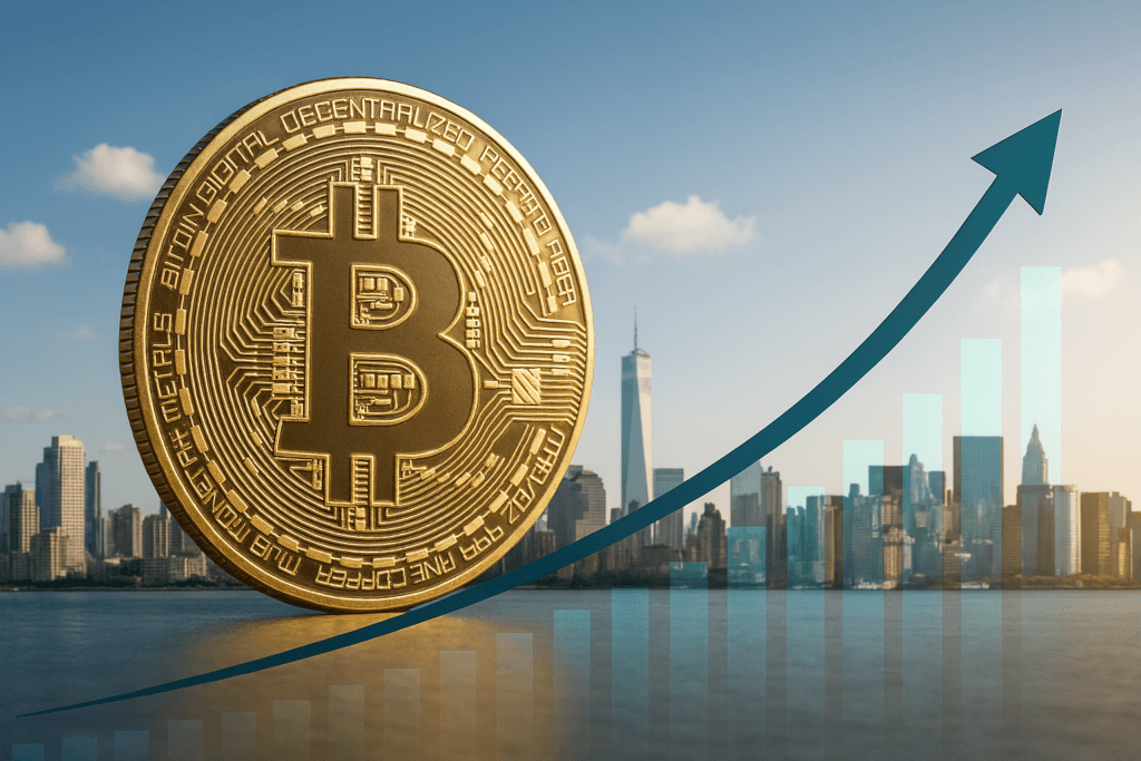 Bitcoin coin with city skyline and upward arrow showing growth and adoption