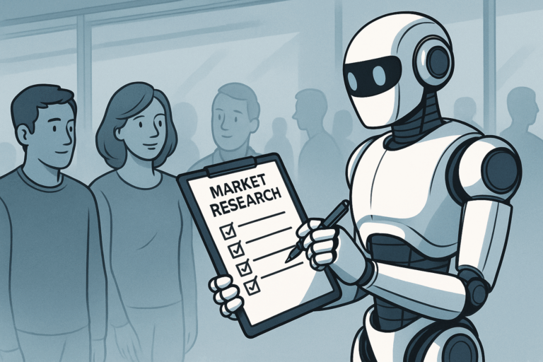 Validate a Business - image shows a robot with a questionnaire surrounded by general public