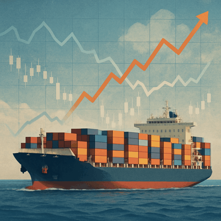 Baltic Dry Index - image of a container ship at sea and charts in the background