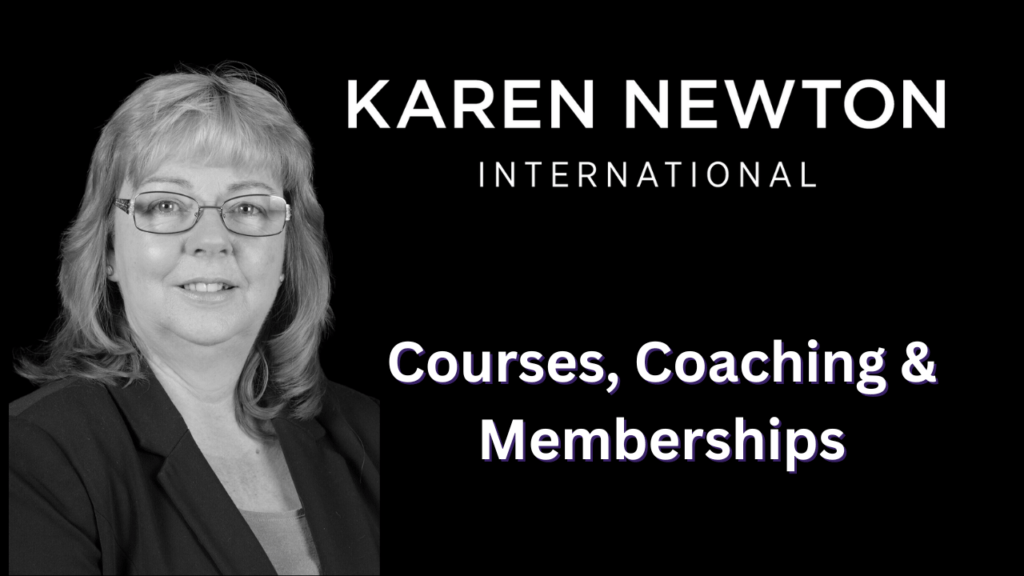 Image of Karen, with logo and courses, coaching and memberships
