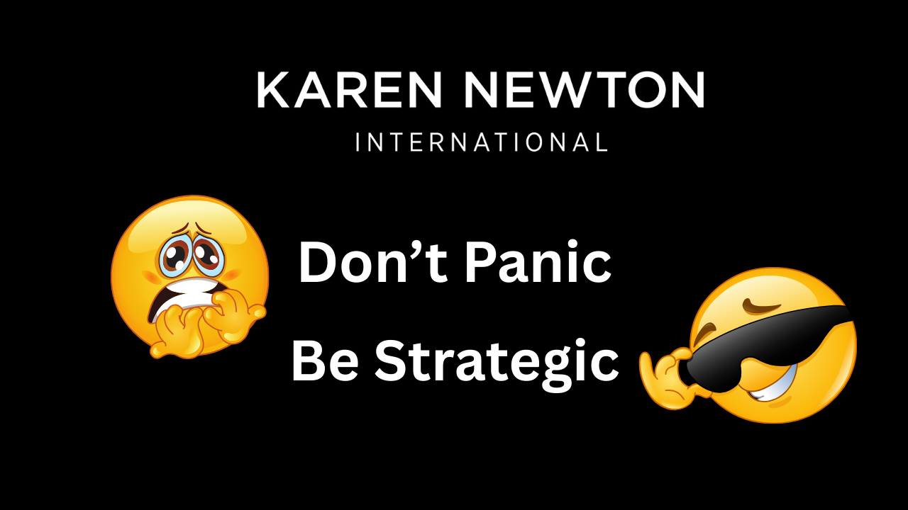A panicked emoji saying don't panic and a cool emoji with text be strategic