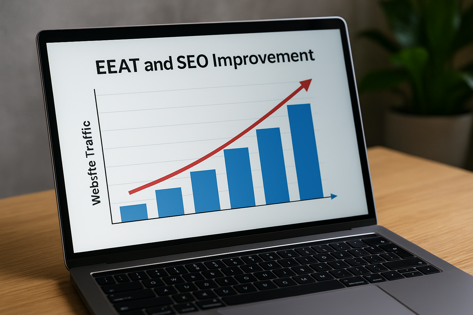 EEAT and SEO: Image shows laptop with chart indicating traffic growth