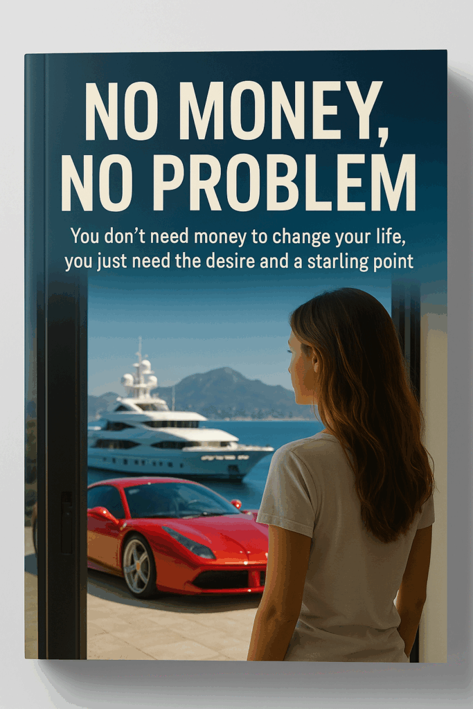 Karen Newton International book cover for free guide no money, no problem with woman looking at a wealthy lifestyle