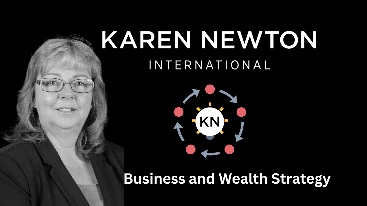 Karen Newton image wit investment cycle logo and Business and Wealth Strategy text