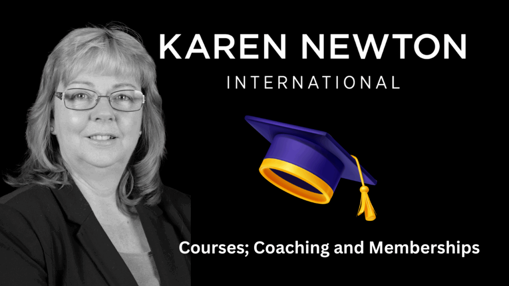Image Karen Newton with Karen Newton International Branding and text Courses; Coaching and Memberships