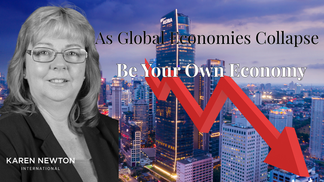 Be Your Own Economy - Karen Newton image with business buildings behind and downward economic arrow
